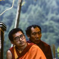 Click to view in our Image Gallery (10074_sl.JPG) Lama Zopa Rinpoche and Geshe Gyeltsen at the cremation of Lama Yeshe at Vajrapani Institute, California in March of 1984. Photo by Ricardo de Aratanha.