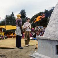 Click to view in our Image Gallery (10084_sl.JPG) An attendee lights the fire. Cremation of Lama Yeshe at Vajrapani Institute, California in March of 1984. Photo by Ricardo de Aratanha.