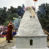 Click to view in our Image Gallery (10087_sl-3.JPG) Tenzin Wangchuk tending the fire, cremation of Lama Yeshe, Vajrapani Institute, California, 1984. Ricardo de Aratanha (photographer)