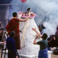 Click to view in our Image Gallery (10093_sl-3.JPG) Tenzin Wangchuk tending the fire, cremation of Lama Yeshe, Vajrapani Institute, California, 1984. Ricardo de Aratanha (photographer)