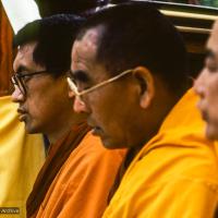 Click to view in our Image Gallery (10104_sl.JPG) Lama Zopa Rinpoche, Geshe Sopa, and Geshe Lobsang Gyatso at the cremation of Lama Yeshe at Vajrapani Institute, California in March of 1984. Photo by Ricardo de Aratanha.