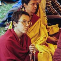 Click to view in our Image Gallery (10115_sl.JPG) Cremation of Lama Yeshe at Vajrapani Institute, California in March of 1984. Photo includes Robina Courtin, Yeshe Khadro (Marie Obst), and Anila Ann. Photo by Ricardo de Aratanha.