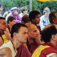 Click to view in our Image Gallery (10116_sl-3.JPG) Cremation of Lama Yeshe, Vajrapani Institute, California, 1984. Photo includes Roger Wheeler, Wendy King, Harry Sutton, Thubten Pelgye, Nick Ribush, Max Mathews, Geshe Thinley, and Helly Pelaez Jampa Chökyi (aka Jamyang Wangmo). Ricardo de Aratanha (photographer)