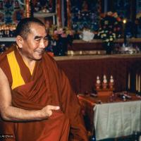 Click to view in our Image Gallery (10173_sl.JPG) Geshe Sopa during a cycle of pujas that were done for Lama Yeshe before the formal cremation, Vajrapani Institute, California, 1984. Photo by Ricardo de Aratanha.