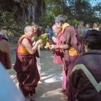 (10242_ng.JPG) Lama Yeshe arriving at Kopan Monastery for final teaching, Nepal, 1983. Photo by Wendy Finster.