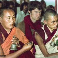 (15917_ng.psd) Lama Yeshe and Lama Zopa Rinpoche doing puja, 1975. From the collection of images of Lama Yeshe, Lama Zopa Rinpoche and the Sangha during a month-long course at Chenrezig Institute, Australia.