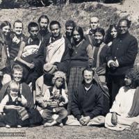 (11006_ud-3.psd) Kopan Group photo from 1970. Tsultrim Allione is second from left in the back row near Lama Zopa. Piero Cerri is in the back row to the right of Lama, looking over his shoulder. At the far right in that row is Madhu. Zina Rachevsky is seated in the front row on the left, holding Rhea. At far right in that row is Zina's friend, Michel Cerveau, and to his left is Mario Maglietti. (Photo used with permission of the estate of Zina Rachevsky.)