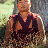 (11709_ng.JPG) Lama Yeshe in meditation, 1975. On Saka Dawa (the celebration of Buddha's birth, enlightenment, and death), Lama Yeshe asked everyone to come outside after a Guru Puja for a meditation on the hill behind the gompa. Chenrezig Institute, Australia, May 25, 1975. Photo by Wendy Finster.