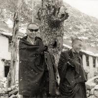 (12028_pr-3.psd) Lama Yeshe (left) and Lama Zopa Rinpoche at Thangme. Photo from the first trek to Lawudo Retreat Center in Nepal, spring of 1969. Lawudo was the hermitage of the Lawudo Lama, the former incarnation of Lama Zopa Rinpoche. Photos by George Luneau.