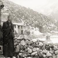 (12029_pr-3.psd) Lama Yeshe (left) and Lama Zopa Rinpoche, with Zina at the far right at Thangme. Photo from the first trek to Lawudo Retreat Center in Nepal, spring of 1969. Lawudo was the hermitage of the Lawudo Lama, the former incarnation of Lama Zopa Rinpoche. Photos by George Luneau.