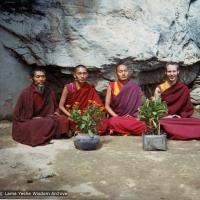 Click to view in our Image Gallery (12031_pr-3.psd) At the Lawudo Lama's cave, Nepal, 1972. From the left to right: unknown monk, Lama Zopa, Lama Yeshe, Jhampa Zangpo (Mark Shaneman).