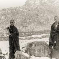 (12035_pr-3.psd) Lama Zopa Rinpoche (left) and Lama Yeshe at Thangme. Photo from the first trek to Lawudo Retreat Center in Nepal, spring of 1969. Lawudo was the hermitage of the Lawudo Lama, the former incarnation of Lama Zopa Rinpoche. Photos by George Luneau.