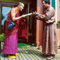 (12535_pr-2.psd) Lama Yeshe meeting Tarthang Tulku in Berkeley, California, 1974. Photo donated by Judy Weitzner.