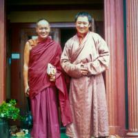 (12566_pr-2.psd) Lama Yeshe meeting Tarthang Tulku in Berkeley, California, 1974. Photo donated by Judy Weitzner.