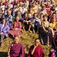 Lama Yeshe and Lama Zopa Rinpoche in a group photo from the 8th Meditation Course at Kopan Monastery, Nepal, 1975.