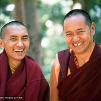 Lama Zopa Rinpoche and Lama Yeshe, Lake Arrowhead, 1975. Photo: Carol Royce-Wilder.