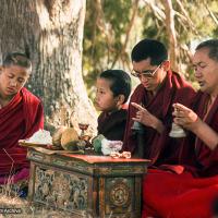 (12736_sl-2.psd) Lama Yeshe and Lama Zopa Rinpoche doing puja (spiritual practice) with Tenzin Norbu under the tree, Kopan Monastery, Nepal, 1976. Photo by Jon Landaw.