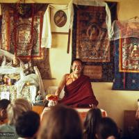 (12810_sl-Edit.psd) Lama Yeshe teaching, Fourth Meditation Course, Kopan Monastery, Nepal, 1973. Photo by Lynda Millspaugh.