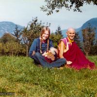 (13289_pr.tif) Alison Ribush (Nick's sister-in-law) with her baby Kalu, and Nick Ribush at a week-long course at Eupilio, near Como, Italy, 1975. Photo by Dorian Ribush.