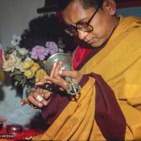 Lama Zopa Rinpoche doing puja, Bodhgaya, India, 1982. Dieter Kratzer (photographer)