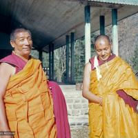 (15067_sl-4.psd) Geshe Rabten and Lama Yeshe after the first ordination of a group of western students, Dharamsala, India, 1970. The smudge on Lama's forehead is from prostrating to his teacher, Geshe Rabten.