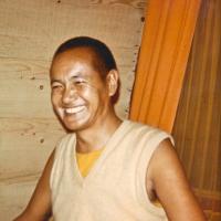 (15069_pr-1.psd) Lama Yeshe with students in an A-frame cabin at Tushita Meditation Center, Dharamsala, India, 1970.