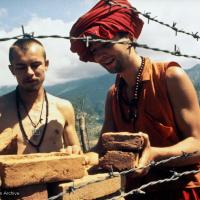 (15084_pr.psd) The first bricks to build Kopan Monastery, 1971 (The Monk on the right is named Dennis, the student to the left is Benni Last.)