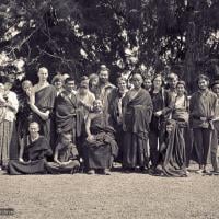 (15089_ng.psd) Second Kopan Meditation Course, spring of 1972. Included in the photo from the left are Ann McNeil (Anila Ann), Mark Shaneman (Jhampa Zangpo), Steve Malasky, Gen Wangyal, Age Delbanco (Babaji), Peter Kedge, Geshe Thubten Tashi (seated), Losang Nyima.