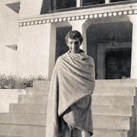 (15145_ng.psd) Peter Kedge, an early student of the Lamas, on the front steps of Kopan, 1972. Peter would later ordain and become a very active member of the Lamas' growing Sangha.