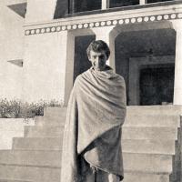 Click to view in our Image Gallery (15145_ng.psd) Peter Kedge, an early student of the Lamas, on the front steps of Kopan, 1972. Peter would later ordain and become a very active member of the Lamas' growing Sangha.