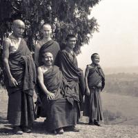 (15147_ng.psd) Second Kopan Meditation Course, spring of 1972. Included in the photo from the left are Losang Nyima, Geshe Thubten Tashi (seated), Mark Shaneman (Jhampa Zangpo), Gen Wangyal.