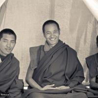 Click to view in our Image Gallery (15151_ng.psd) Lama Zopa Rinpoche and Lama Yeshe with an unidentified monk in a tent at the Lawudo Retreat Centre, 1972