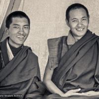 Click to view in our Image Gallery (15152_ng.psd) Lama Zopa Rinpoche and Lama Yeshe with an unidentified monk in a tent at the Lawudo Retreat Centre, 1972