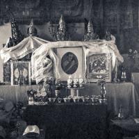 Click to view in our Image Gallery (15159_ng.psd) 1972, installing the portrait of His Holiness the Dalai Lama in the Kopan Gompa. Lama Yeshe and Lama Zopa with other monks offering prayers.