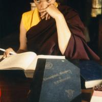 Click to view in our Image Gallery (15173_pr.psd) Zina Rachevsky absorbed in her studies, 1972. Zina was an eccentric Russian-American socialite, the child of a Russian expat father and a German-Jewish mother, who became the Lamas' first Western student in 1966, and who insisted that the Lamas start to teach courses on Buddhism for Westerners. She helped the Lamas found what would later come to be known as Kopan Monastery in Nepal. (Photo used with permission of the estate of Zina Rachevsky.)