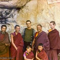 (15174_pr.psd) At the Lawudo Lama's cave, Nepal, 1972. From the left to right: unknown monk, Lama Zopa, Massimo Corona, Lama Yeshe, Jhampa Zangpo, with two new Mount Everest Centre novice monks.