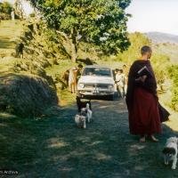 Click to view in our Image Gallery (15175_pr.psd) Zina Rachevsky walking uphill to the Kopan Monastery, 1972. Zina was an eccentric Russian-American socialite, the child of a Russian expat father and a German-Jewish mother, who became the Lamas' first Western student in 1966, and who insisted that the Lamas start to teach courses on Buddhism for Westerners. She helped the Lamas found what would later come to be known as Kopan Monastery in Nepal. (Photo used with permission of the estate of Zina Rachevsky.)