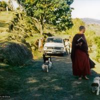 (15175_pr.psd) Zina Rachevsky walking uphill to the Kopan Monastery, 1972. Zina was an eccentric Russian-American socialite, the child of a Russian expat father and a German-Jewish mother, who became the Lamas' first Western student in 1966, and who insisted that the Lamas start to teach courses on Buddhism for Westerners. She helped the Lamas found what would later come to be known as Kopan Monastery in Nepal. (Photo used with permission of the estate of Zina Rachevsky.)