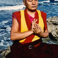 (15231_pr.psd) Portraits of Lama Yeshe meditating by the ocean, Sicily, 1983. Photos by Jacie Keeley.