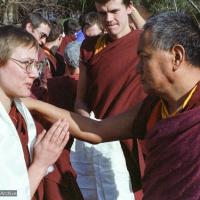 (15238_ng.tif) Lama with Celia Smith. Lama Yeshe addressing western monks and nuns at Istituto Lama Tsongkhapa, Italy, 1983. Photos donated by Merry Colony.