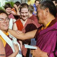 Click to view in our Image Gallery (15245_ng.tif) Lama with Robina Courtin, as Connie Miller looks on. Lama Yeshe addressing western monks and nuns at Istituto Lama Tsongkhapa, Italy, 1983. Photos donated by Merry Colony.