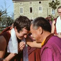 (15248_ng.tif) Lama Yeshe with Steve Carlier as Francesco Prevosti looks on. Istituto Lama Tzong Khapa, Italy, 1983. Photos donated by Merry Colony.