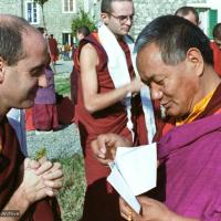 Click to view in our Image Gallery (15249_ng.psd) Lama with Nick Ribush, Francesco Prevosti background, Steve Carlier to left. Lama Yeshe addressing western monks and nuns at Istituto Lama Tsongkhapa, Italy, 1983. Photos donated by Merry Colony.