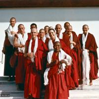 (15469_ud.psd) Ordination photo of western Dharma students including Gareth Sparham, Marcel Bertels, Ama-la (Mother of Lama Zopa), Nick Ribush, Nicole Couture, Thubten Pemo (Linda Grossman), Thubten Pende (Jim Dougherty), Ursula Bernis, Thubten Wongmo  (Feather Meston), Yeshe Khadro (Marie Obst) and Daja Meston (Thubten Wangchuk), son of Wongmo, on the steps to the left. It is interesting to note that Lama Yeshe and Lama Zopa Rinpoche are both in the photo, but hiding behind the heads of the new