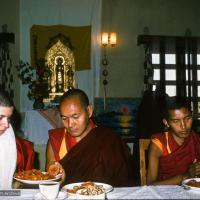 (15470_ng.psd) Lama Yeshe and Thubten Pemo (Linda Grossman) (with Lama Zopa Rinpoche on the right) after her ordination, Bodhgaya, India, 1974.