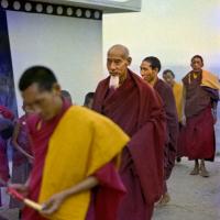 (15473_ng.psd) In April of 1974, H. H. Zong Rinpoche, a senior lama and teacher for Lama Yeshe, visited Kopan Monastery, Nepal, in time to give teachings during the last week of the Sixth Meditation Course. Lama Zopa Rinpoche is leading the procession at the left.