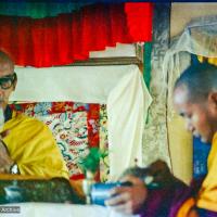 (15476_ng.psd) In April of 1974, H. H. Zong Rinpoche, a senior lama and teacher for Lama Yeshe, visited Kopan Monastery, Nepal, in time to give teachings during the last week of the Sixth Meditation Course. Photo includes Lama Yeshe on the right.