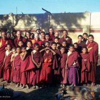 (15480_sl.psd) The lamas along with new western monks and nuns posing with the Mount Everest Center students in Bodhgaya, India, 1974. Photo includes Daja Meston (Thubten Wangchuk), Kyabje Zopa Rinpoche, Lama Yeshe, Lama Lhundrup Ringsel, Nick Ribush, Lama Pasang Tsering, Steve Malasky (Steve Pearl), and Yeshe Khadro (Marie Obst).