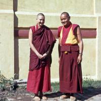 (15481_sl.psd) Lama Yeshe and Yeshe Khadro (Marie Obst) after her ordination in Bodhgaya, India, 1974.