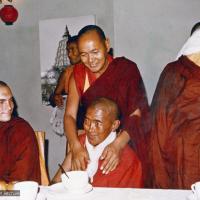 (15483_pr.psd) Lama Yeshe and Ama-la (Mother of Lama Zopa Rinpoche) after her ordination, Bodhgaya, India, 1974. Chris Kolb (Ngawang Chotak) is at the left.